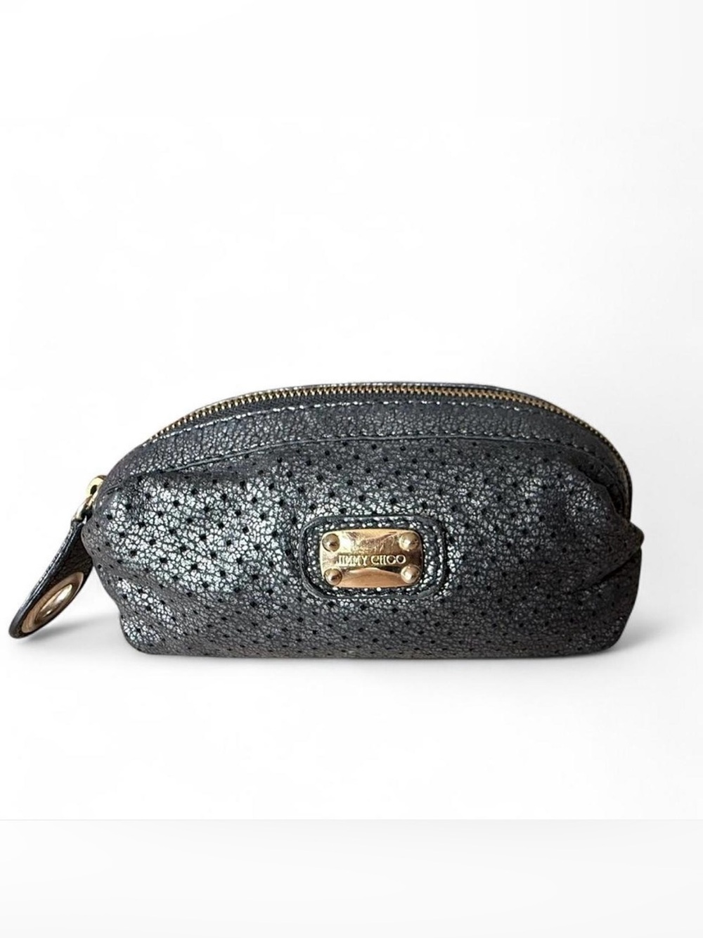Jimmy Choo Metallic Leather Perforated Pouch Clutch Bag